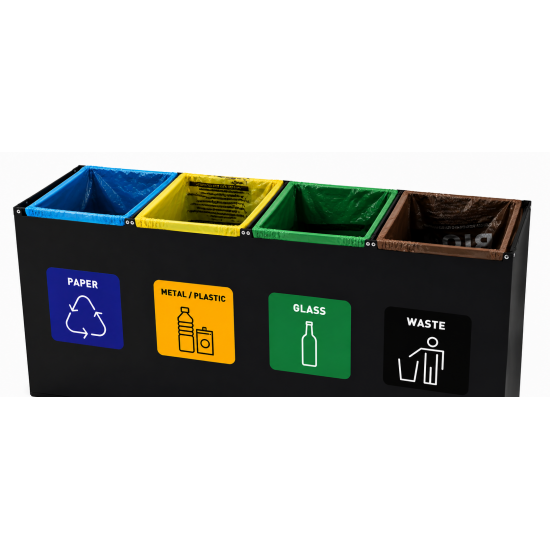 Coș de reciclare negru otel cu acoperire organica, cu 4 compartimente 4x60L – 240 litri