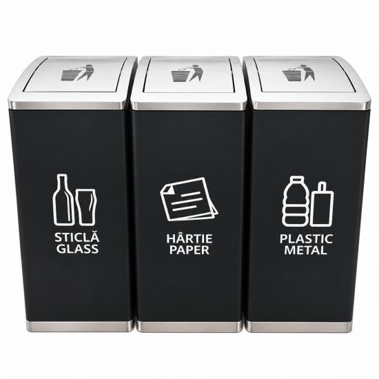 Cos de gunoi negru pentru colectare selectiva, inox, 3 compartimente Cos de gunoi negru pentru colectare selectiva, inox, 3 compartimente