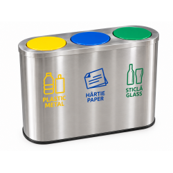 Cos de gunoi pentru colectare selectiva din inox, 3 compartimente, capace colorate Cos de gunoi pentru colectare selectiva din inox, 3 compartimente, capace colorate