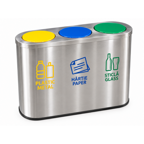 Cos de gunoi pentru colectare selectiva din inox, 3 compartimente, capace colorate Cos de gunoi pentru colectare selectiva din inox, 3 compartimente, capace colorate