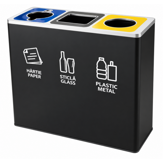 Cos de gunoi negru pentru colectare selectiva, 3 compartimente Cos de gunoi negru pentru colectare selectiva, 3 compartimente
