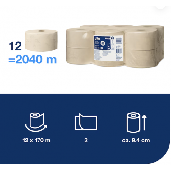 Hârtie igienică Tork Mini Jumbo Advanced Natur, dublu strat, 170m/rolă, 850 porții, (12 role/bax) T2