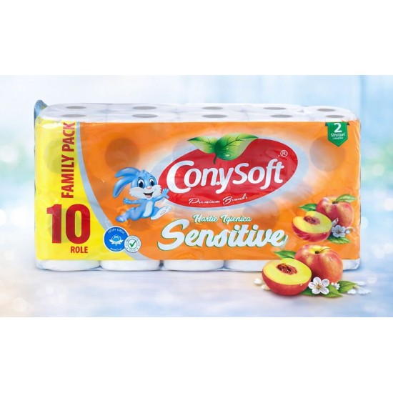 Hartie igienica Conysoft, 10 role pe set, 2 straturi, Piersica sau Musetel