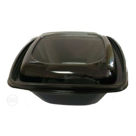Caserola salata patrata neagra, din PET, capac transparent, 1000 cc, 50 buc/set
