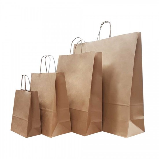 Set 100 bucati, Punga hartie, natur, cu maner sfoara, 25x14x39cm Set 100 bucati, Punga hartie, natur, cu maner sfoara, 25x14x39cm