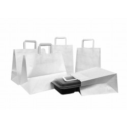 Set 250 bucati, Punga hartie, alba, cu maner plat, 26 x 17 x 28.50 cm Set 250 bucati, Punga hartie, alba, cu maner plat, 26 x 17 x 28.50 cm