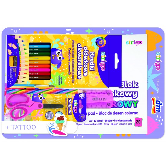 Set complet rechizite Blister (Bloc A4 multicolor, rigla, foarfeca, creion curcubeu, creioane colorate acuarela, ascutitoare, 12 Tatuaje) Set complet rechizite Blister (Bloc A4 multicolor, rigla, foarfeca, creion curcubeu, creioane colorate acuarela, ascutitoare, 12 Tatuaje)
