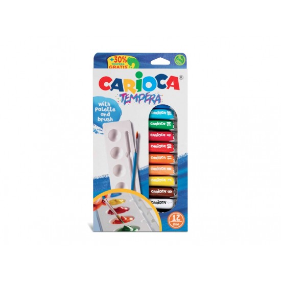 [APERTA] Acuarele tempera Carioca 12 culori 10 ml cu tăviță și pensulă