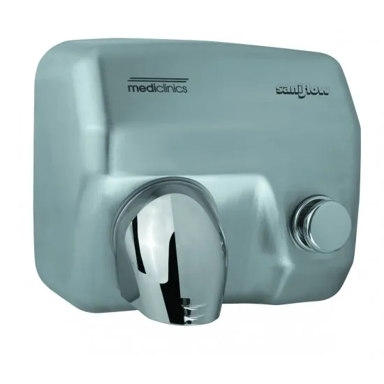 Uscator de maini actionare cu buton, SANIFLOW Mediclinics, inox satinat Uscator de maini actionare cu buton, SANIFLOW Mediclinics, inox satinat