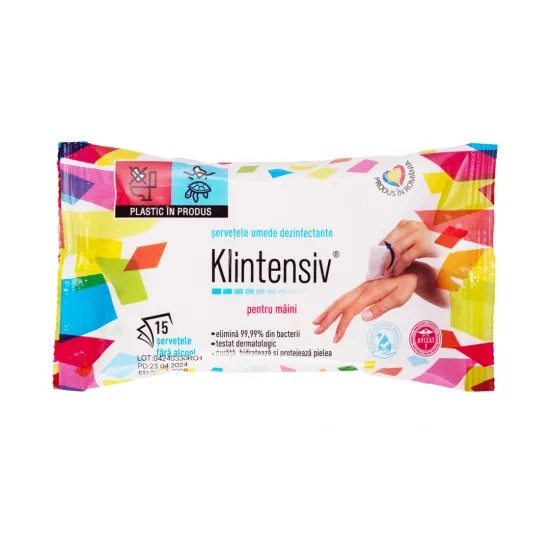 KLINTENSIV® – Servetele umede dezinfectante pentru maini, 15 buc KLINTENSIV® – Servetele umede dezinfectante pentru maini, 15 buc