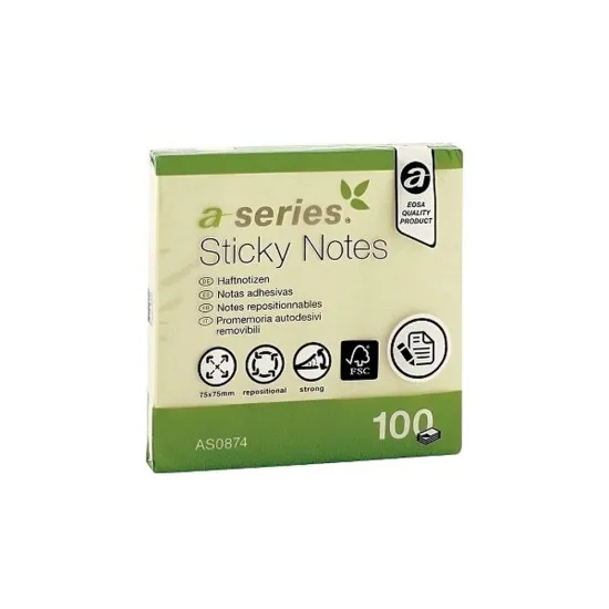Notite adezive, A-Series, 75 x 75 mm, galben, 100 file Notite adezive, A-Series, 75 x 75 mm, galben, 100 file